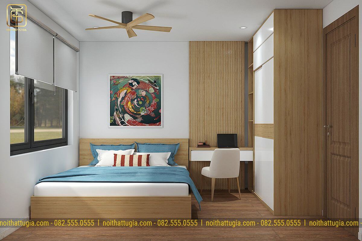 Phòng ngủ con trai với tông màu xanh và nội thất được thiết kế đơn giản nhỏ gọn tiết kiệm diện tích tạo không gian thoải mái nhất