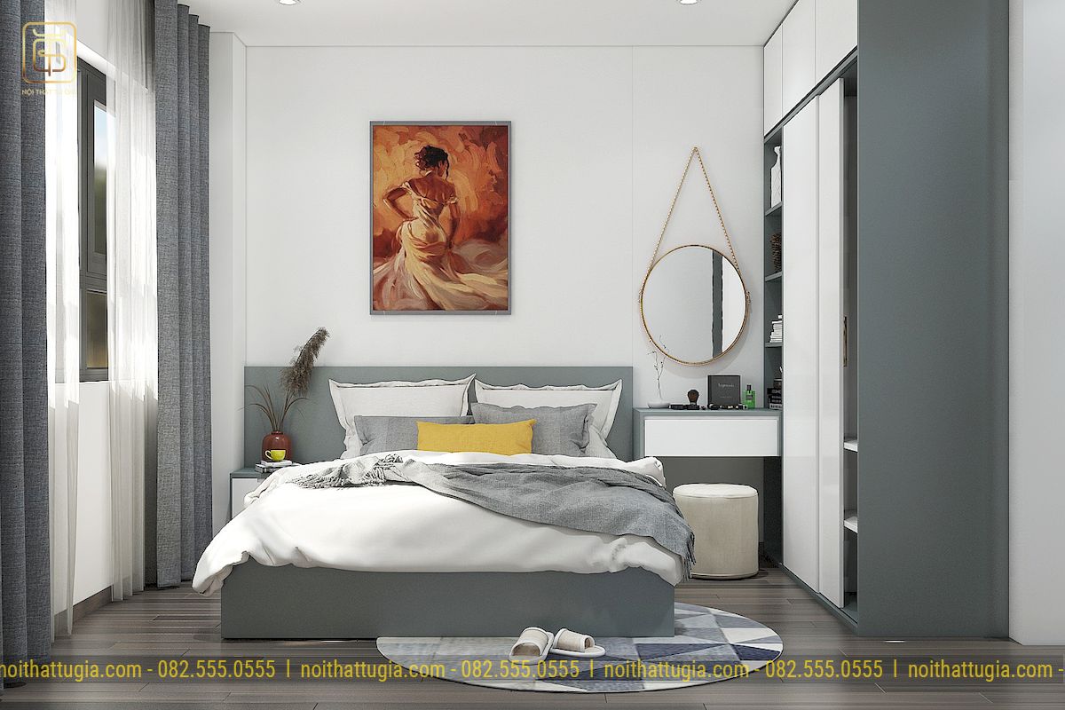 Nội thất phòng ngủ được thiết kế theo phong cách nhẹ nhàng với 2 tông màu chủ đạo và nâu và trắng