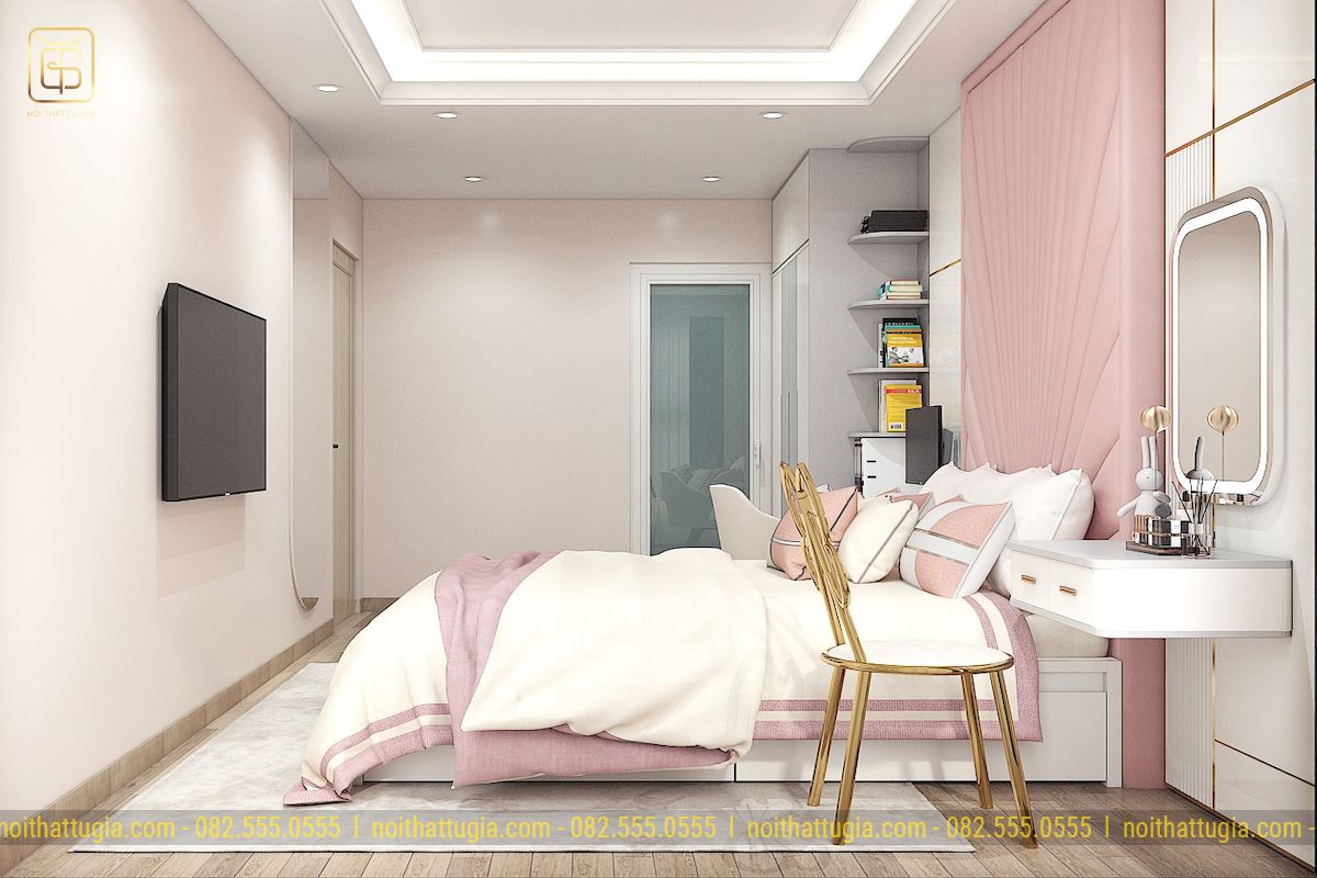 Thiết kế nội thất phòng ngủ với diện tích 11m2 cho bé gái với tông màu hồng chủ đạo cực kì thơ mộng và đáng yêu